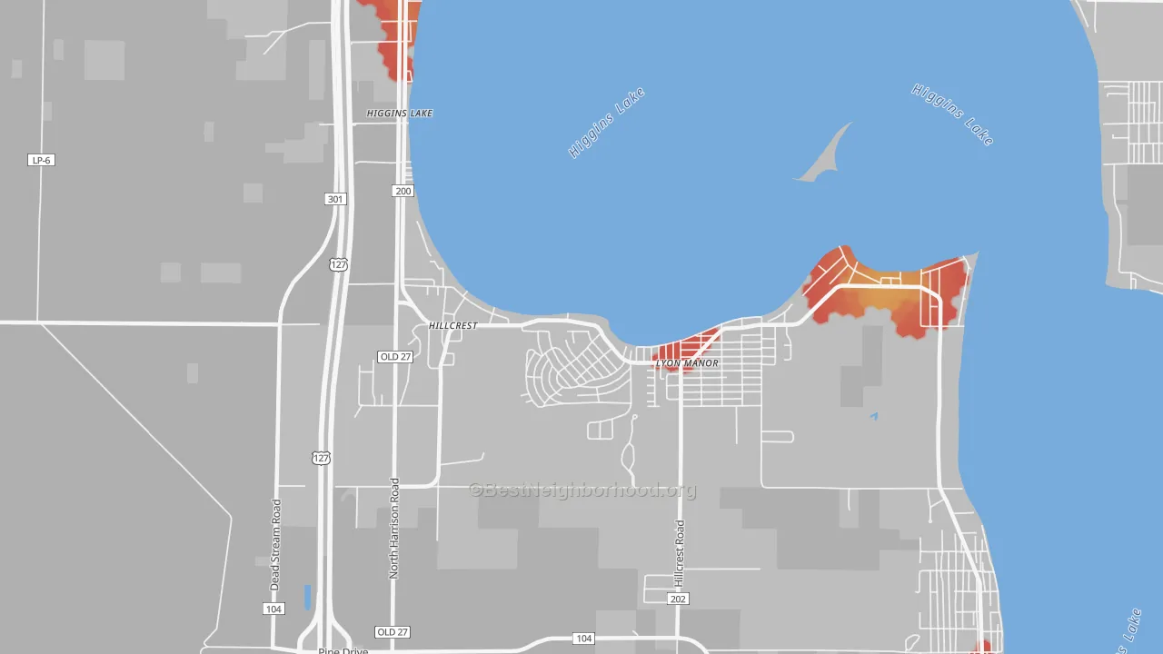 Walk Grade map of 48627, MI, walkable areas in green and car-dependent areas in red