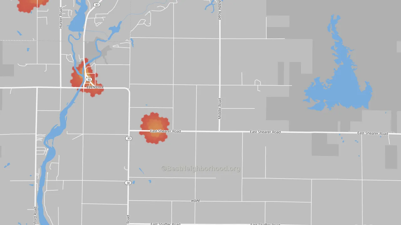 Walk Grade map of 48628, MI, walkable areas in green and car-dependent areas in red