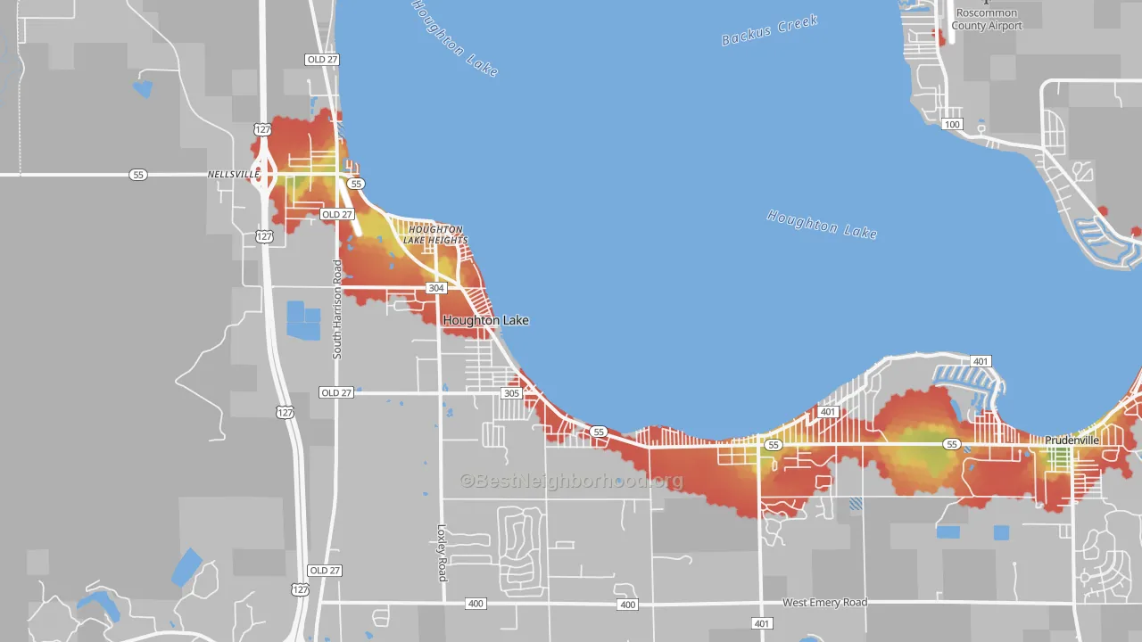Walk Grade map of 48629, MI, walkable areas in green and car-dependent areas in red