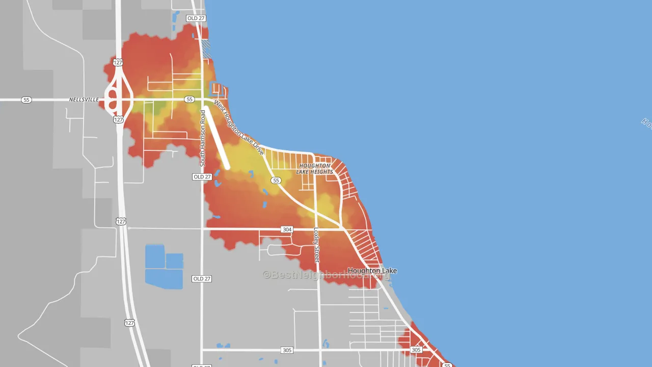Walk Grade map of 48630, MI, walkable areas in green and car-dependent areas in red
