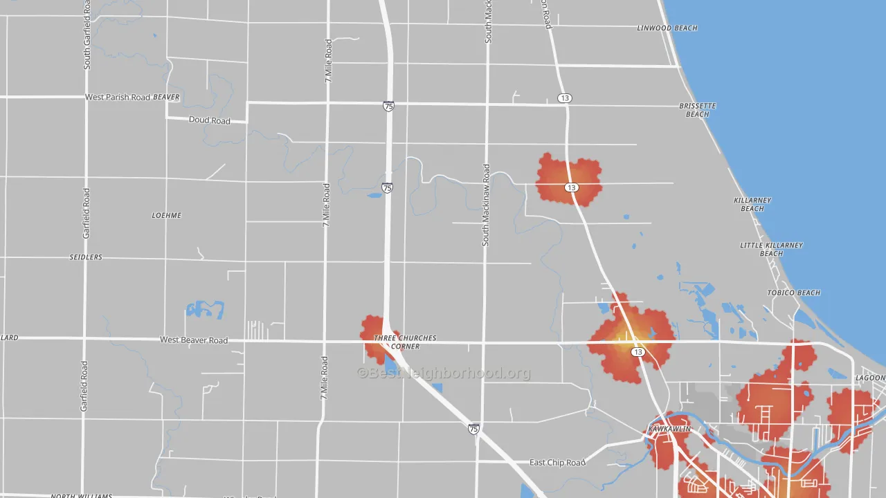 Walk Grade map of 48631, MI, walkable areas in green and car-dependent areas in red
