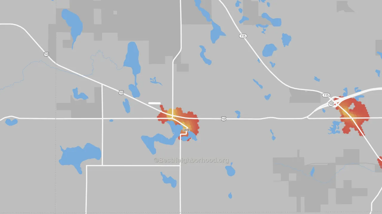 Walk Grade map of 48632, MI, walkable areas in green and car-dependent areas in red