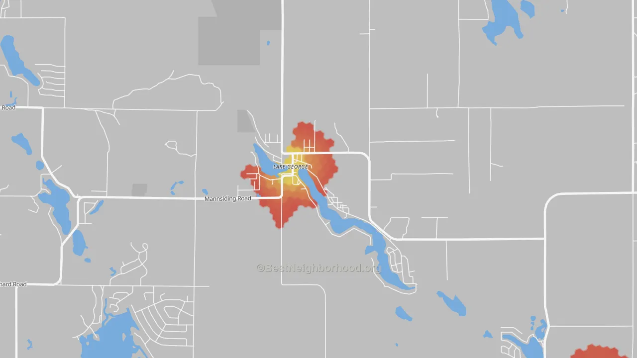 Walk Grade map of 48633, MI, walkable areas in green and car-dependent areas in red