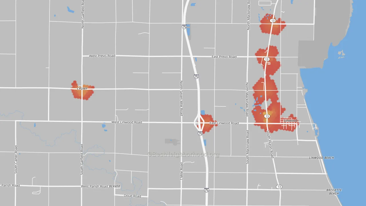 Walk Grade map of 48634, MI, walkable areas in green and car-dependent areas in red