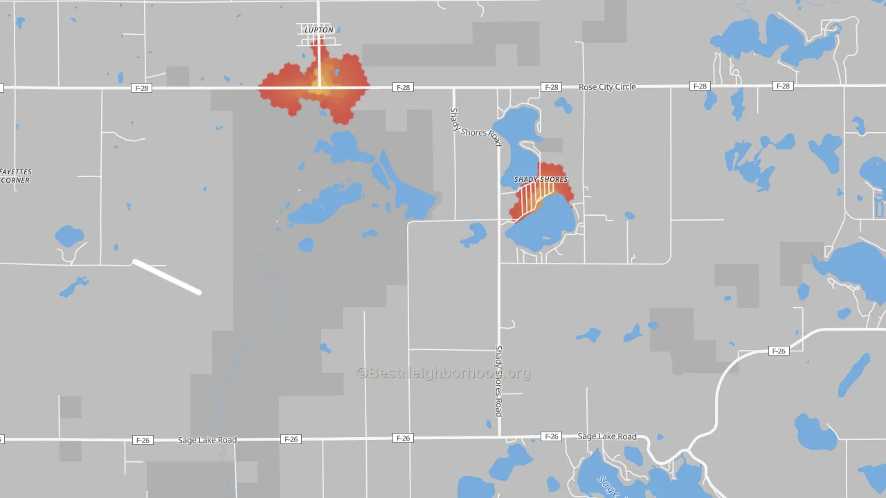 Walk Grade map of 48635, MI, walkable areas in green and car-dependent areas in red