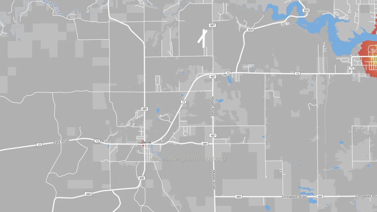 Walk Grade map of 48636, MI, walkable areas in green and car-dependent areas in red