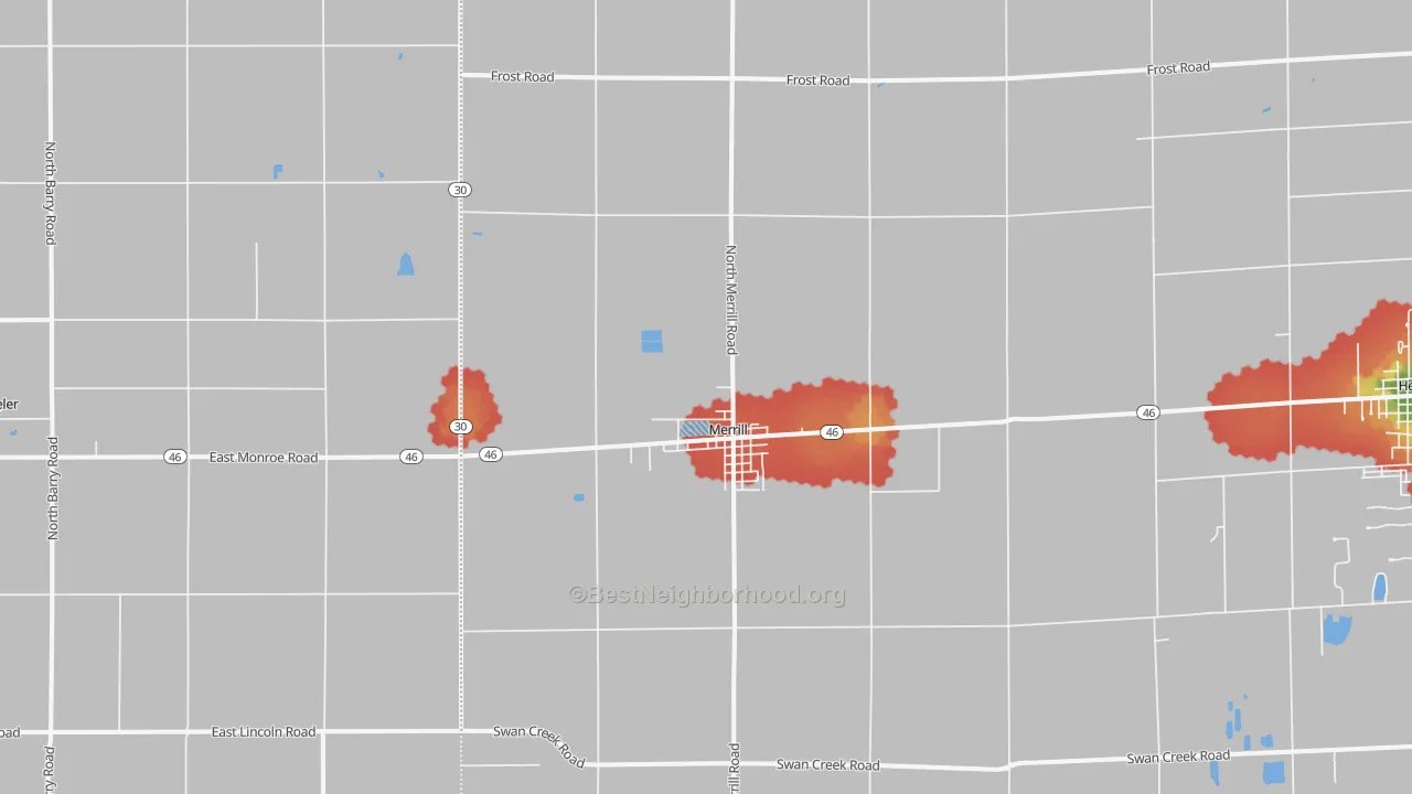 Walk Grade map of 48637, MI, walkable areas in green and car-dependent areas in red