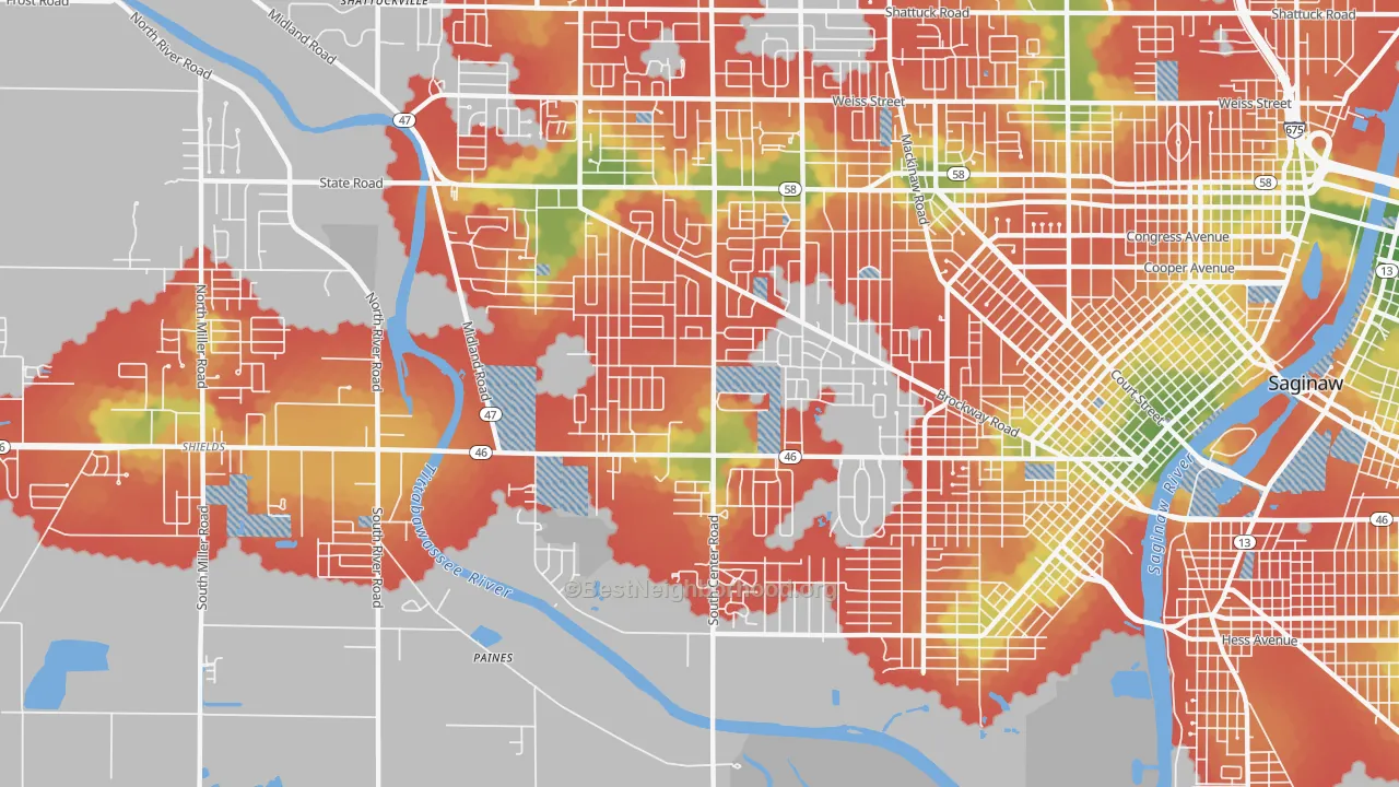 Walk Grade map of 48638, MI, walkable areas in green and car-dependent areas in red