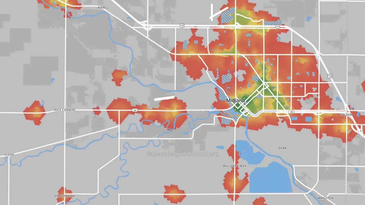 Walk Grade map of 48640, MI, walkable areas in green and car-dependent areas in red