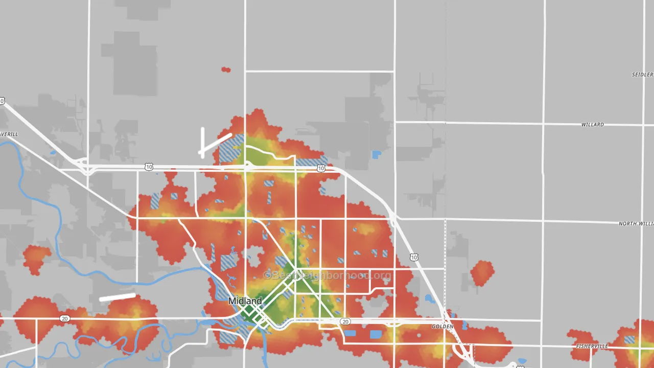 Walk Grade map of 48642, MI, walkable areas in green and car-dependent areas in red