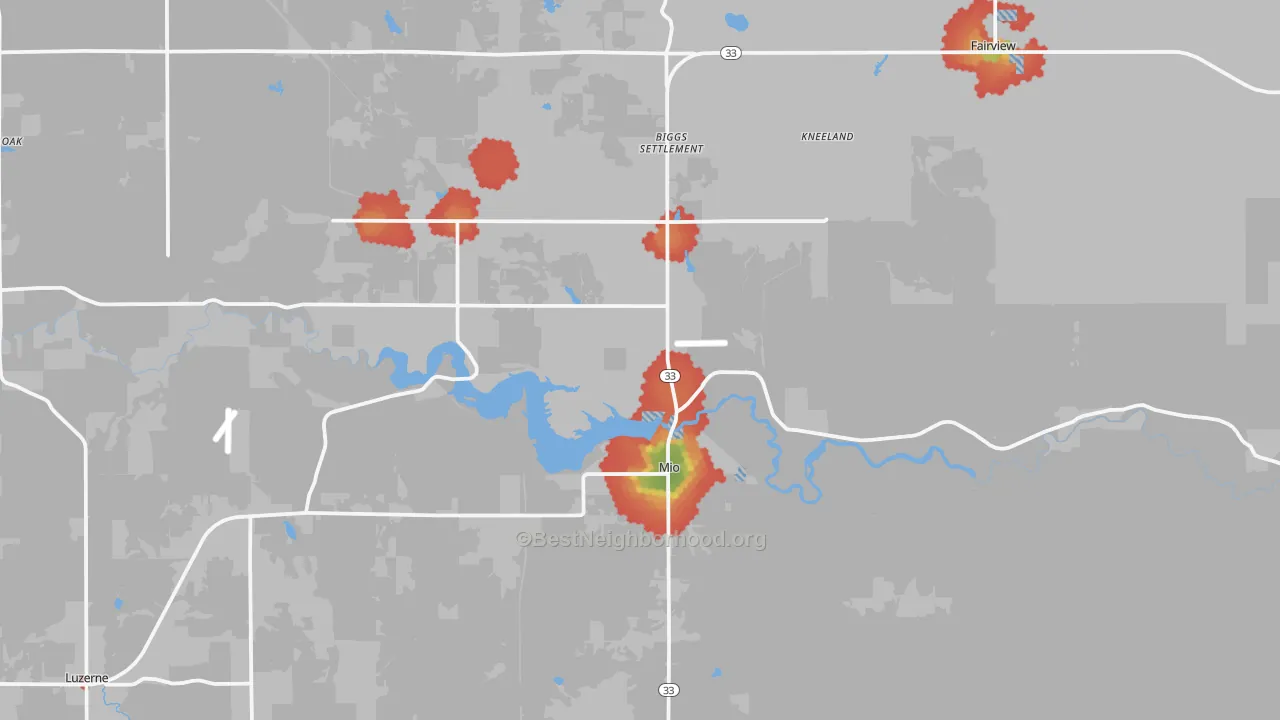 Walk Grade map of 48647, MI, walkable areas in green and car-dependent areas in red