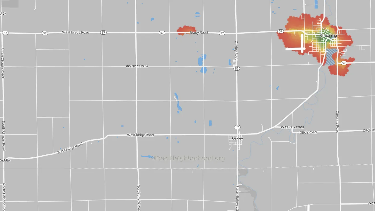 Walk Grade map of 48649, MI, walkable areas in green and car-dependent areas in red