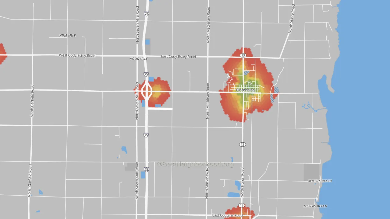 Walk Grade map of 48650, MI, walkable areas in green and car-dependent areas in red