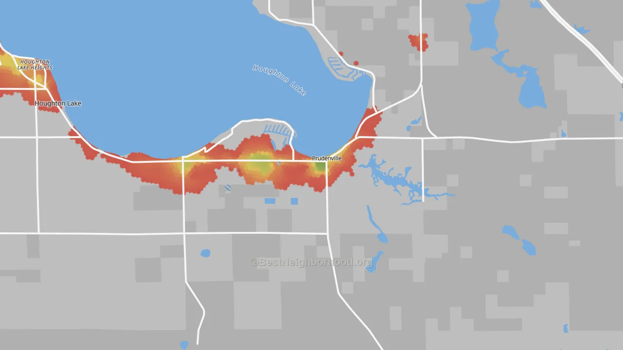 Walk Grade map of 48651, MI, walkable areas in green and car-dependent areas in red