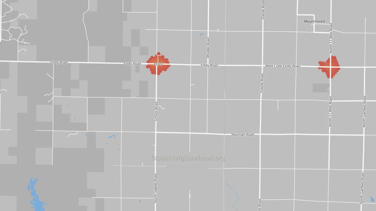 Walk Grade map of 48652, MI, walkable areas in green and car-dependent areas in red