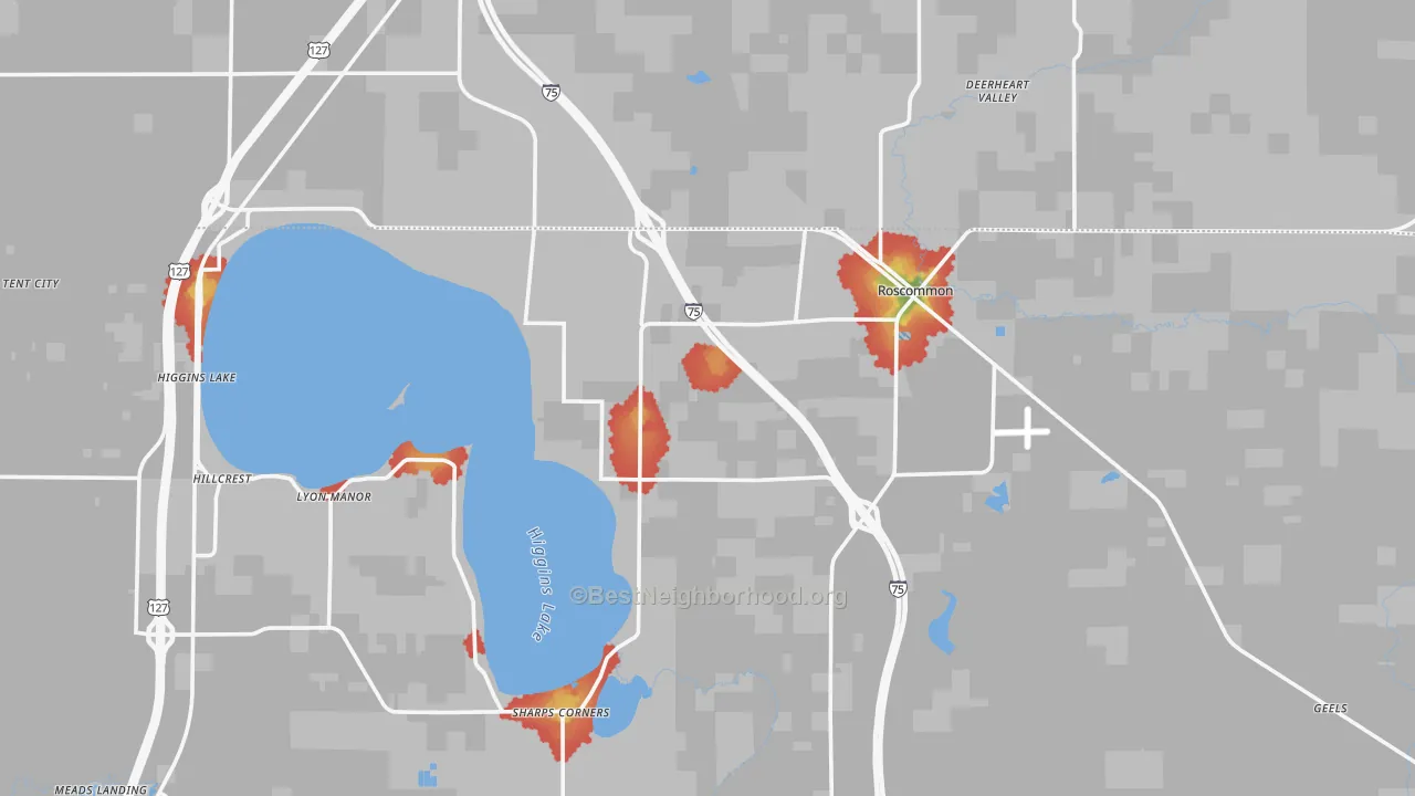 Walk Grade map of 48653, MI, walkable areas in green and car-dependent areas in red