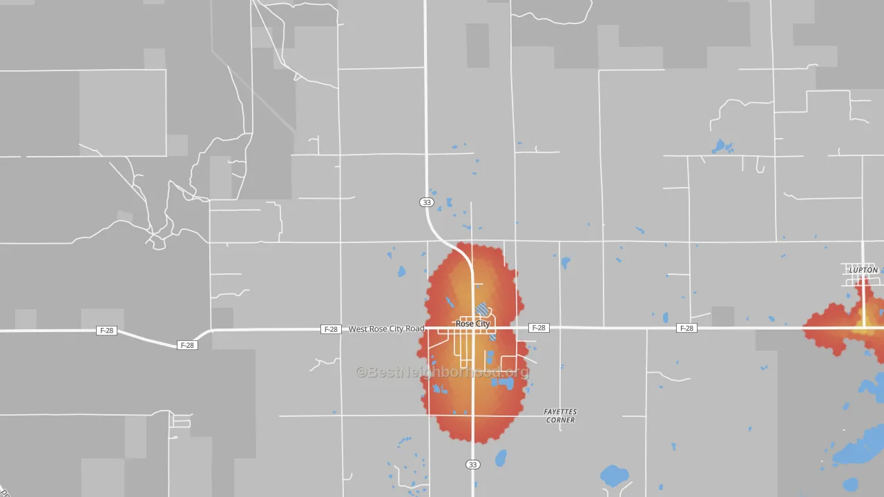Walk Grade map of 48654, MI, walkable areas in green and car-dependent areas in red