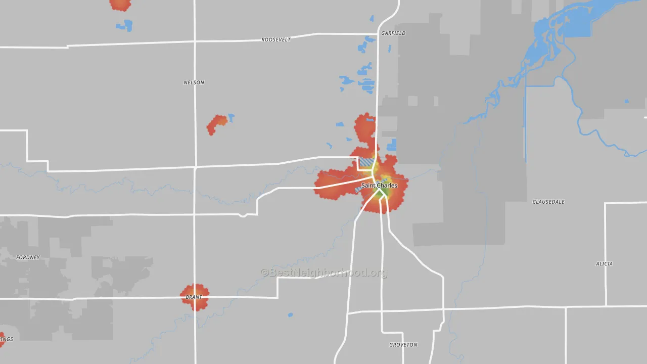 Walk Grade map of 48655, MI, walkable areas in green and car-dependent areas in red