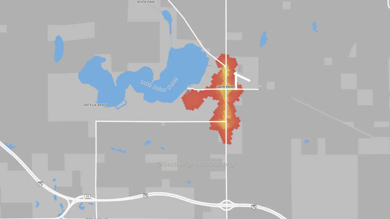 Walk Grade map of 48656, MI, walkable areas in green and car-dependent areas in red