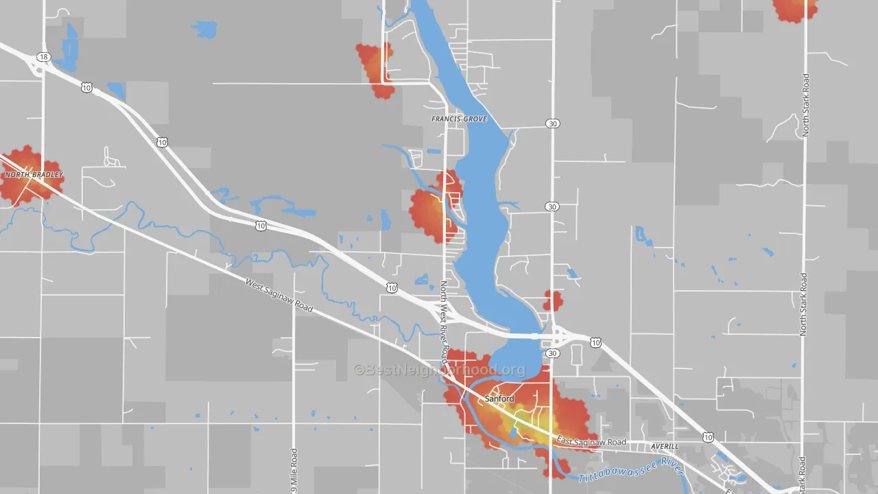 Walk Grade map of 48657, MI, walkable areas in green and car-dependent areas in red
