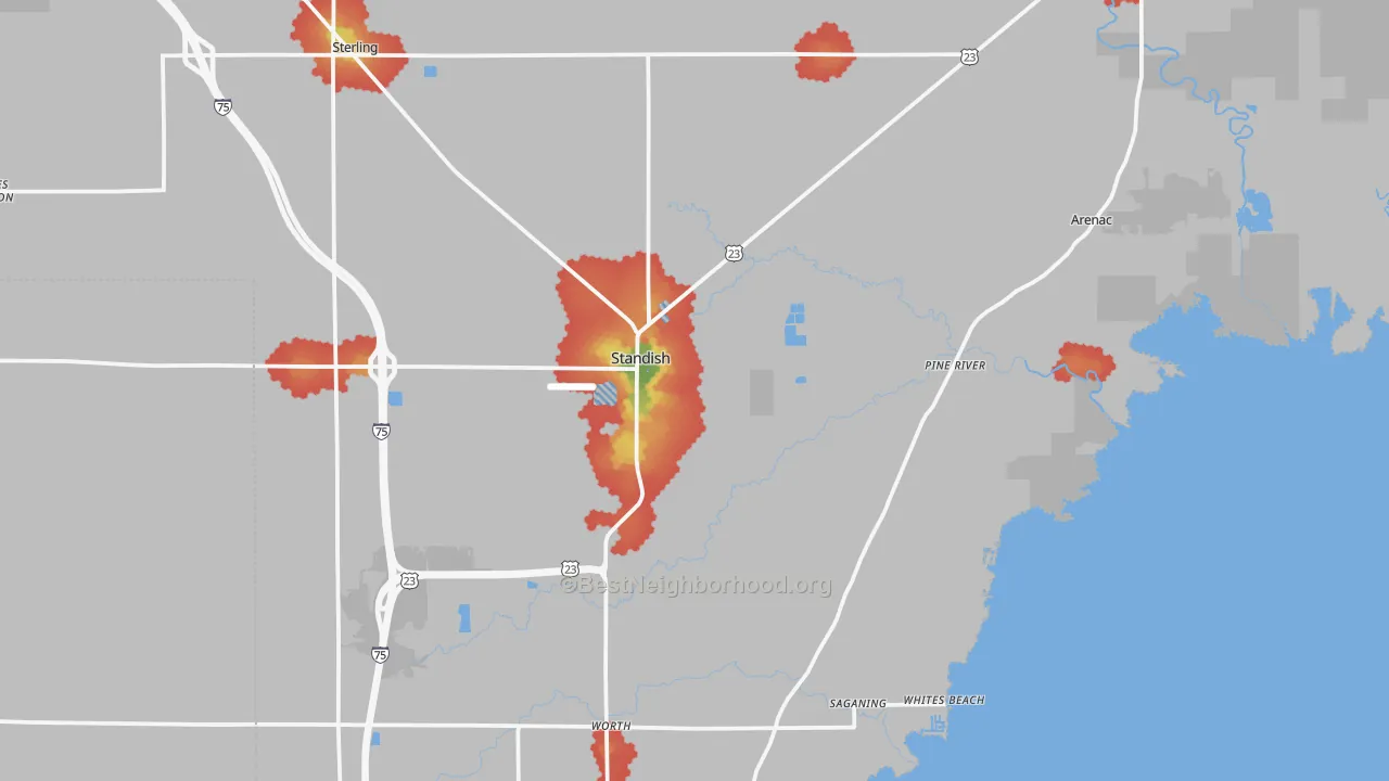 Walk Grade map of 48658, MI, walkable areas in green and car-dependent areas in red