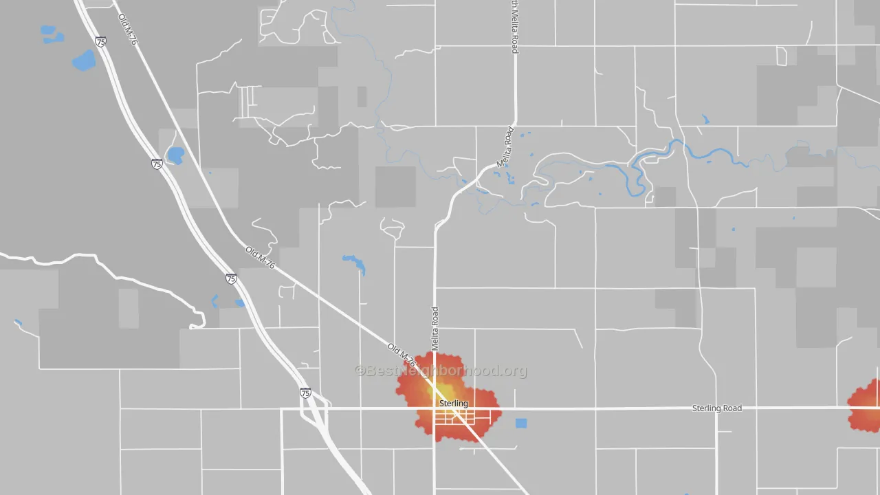 Walk Grade map of 48659, MI, walkable areas in green and car-dependent areas in red