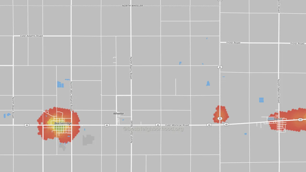 Walk Grade map of 48662, MI, walkable areas in green and car-dependent areas in red