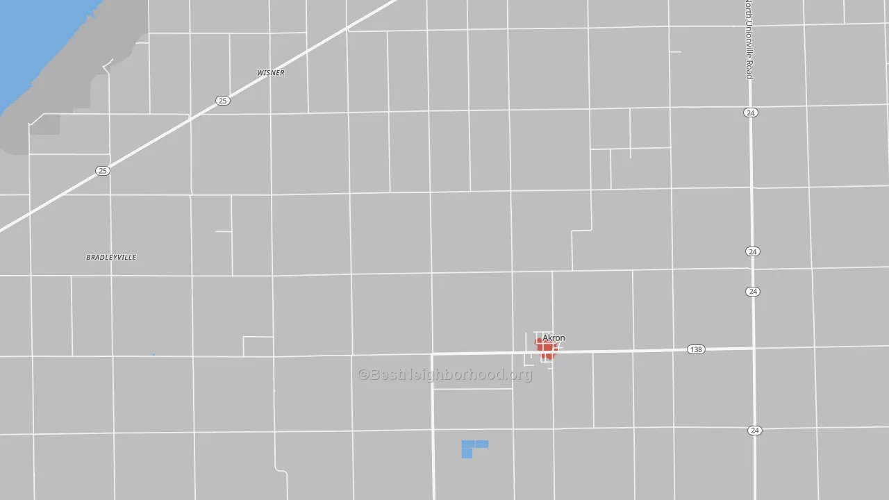 Walk Grade map of 48701, MI, walkable areas in green and car-dependent areas in red