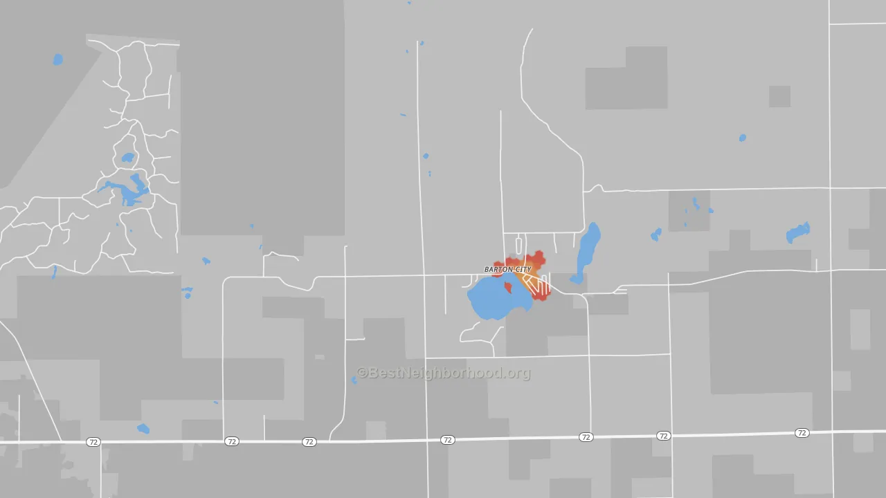Walk Grade map of 48705, MI, walkable areas in green and car-dependent areas in red