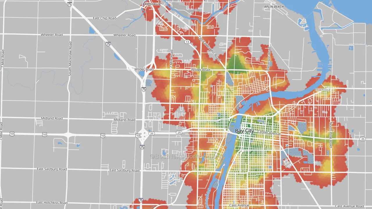 Walk Grade map of 48706, MI, walkable areas in green and car-dependent areas in red