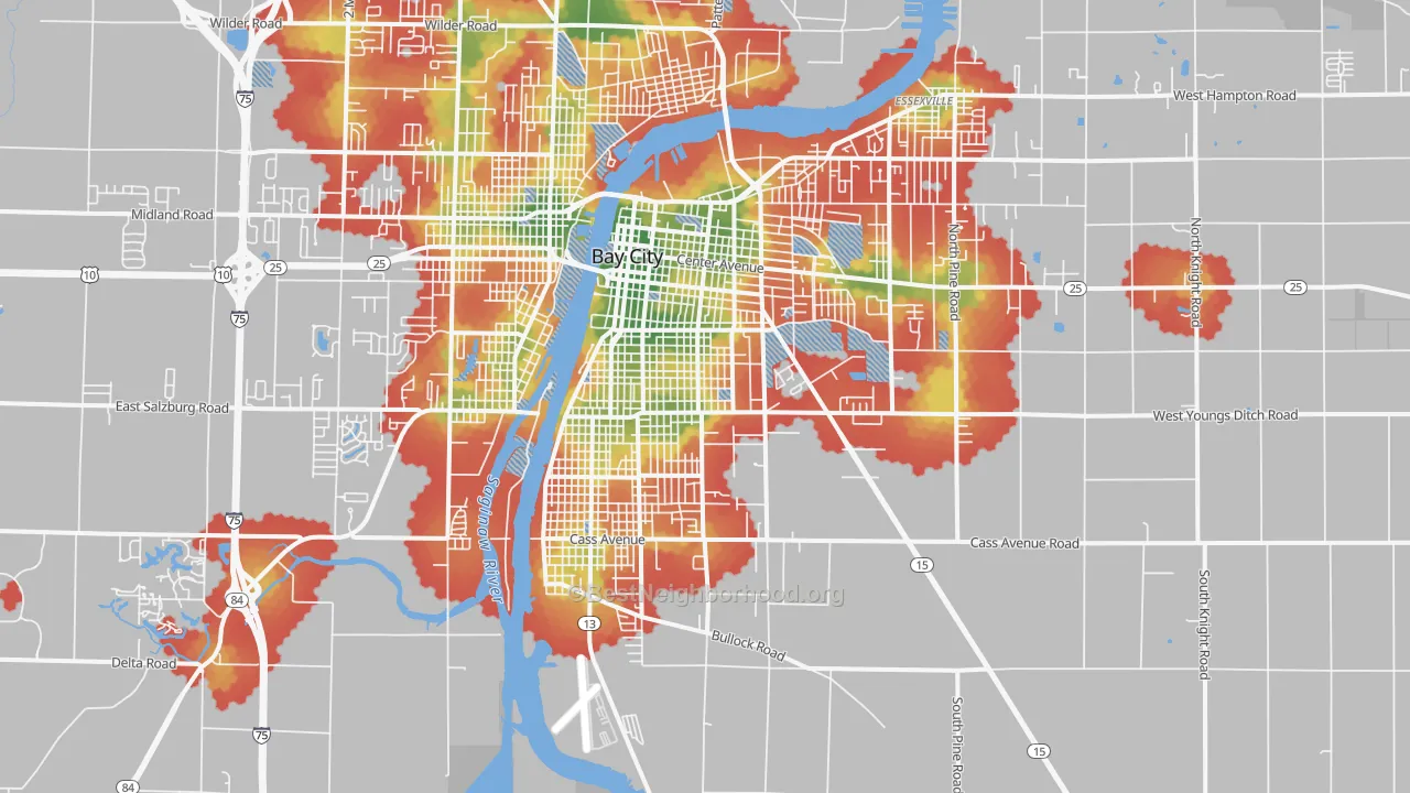 Walk Grade map of 48708, MI, walkable areas in green and car-dependent areas in red