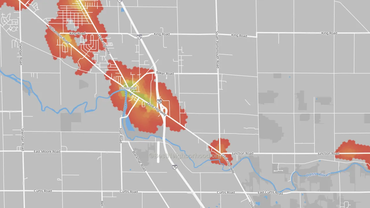 Walk Grade map of 48722, MI, walkable areas in green and car-dependent areas in red