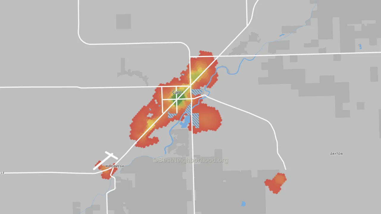 Walk Grade map of 48723, MI, walkable areas in green and car-dependent areas in red