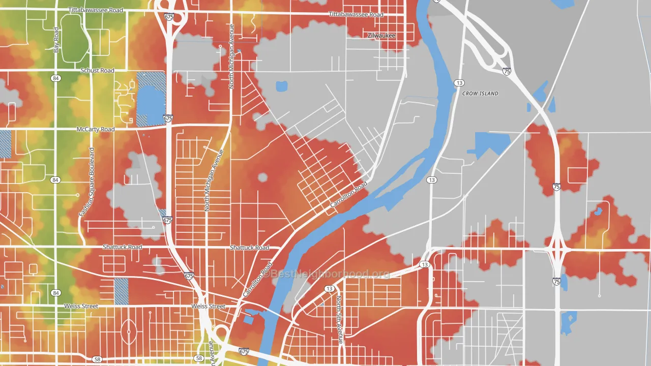 Walk Grade map of 48724, MI, walkable areas in green and car-dependent areas in red