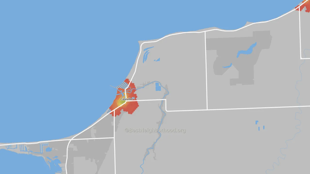 Walk Grade map of 48725, MI, walkable areas in green and car-dependent areas in red