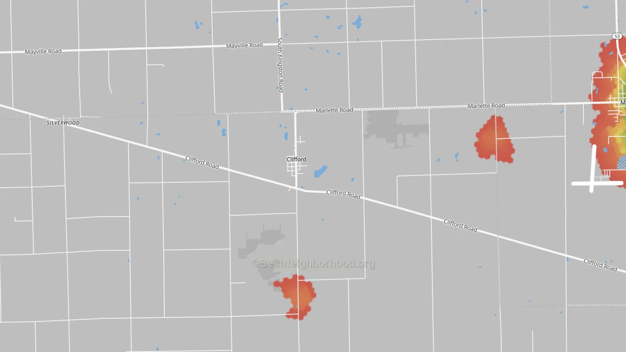 Walk Grade map of 48727, MI, walkable areas in green and car-dependent areas in red