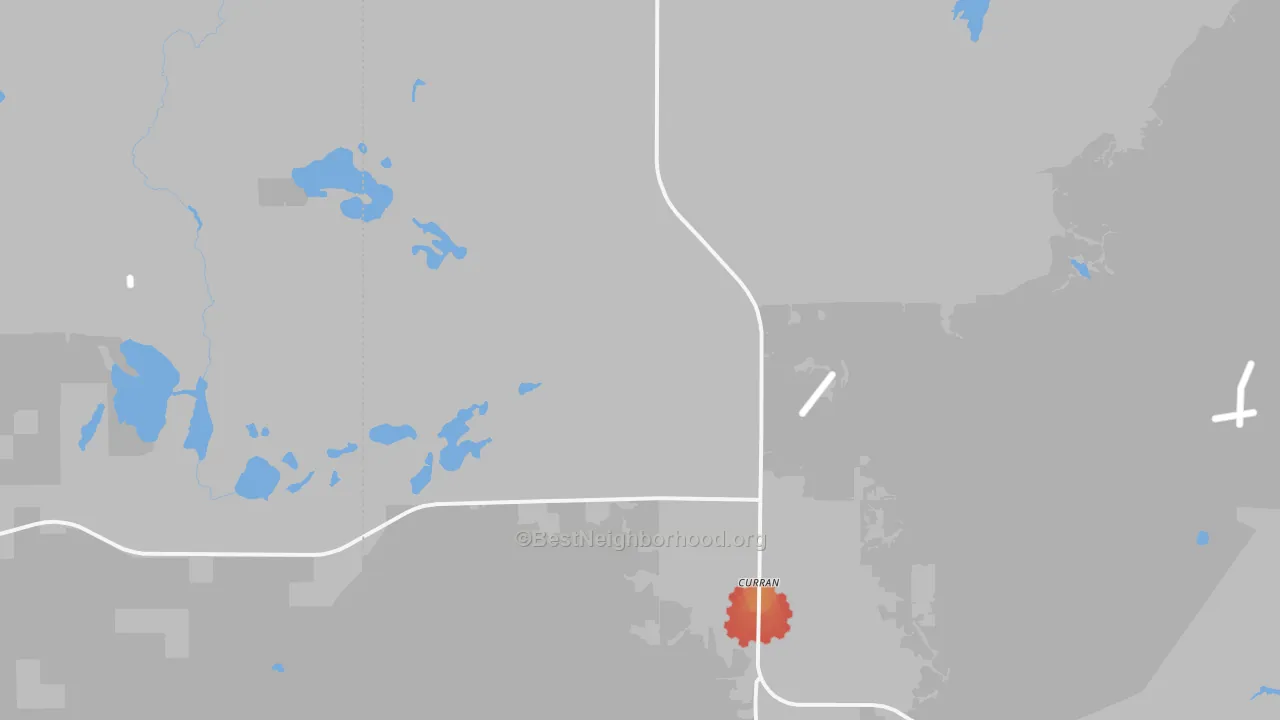 Walk Grade map of 48728, MI, walkable areas in green and car-dependent areas in red