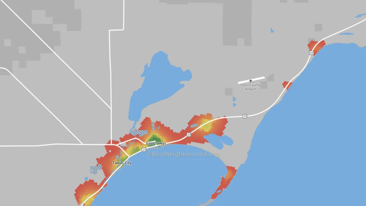 Walk Grade map of 48730, MI, walkable areas in green and car-dependent areas in red
