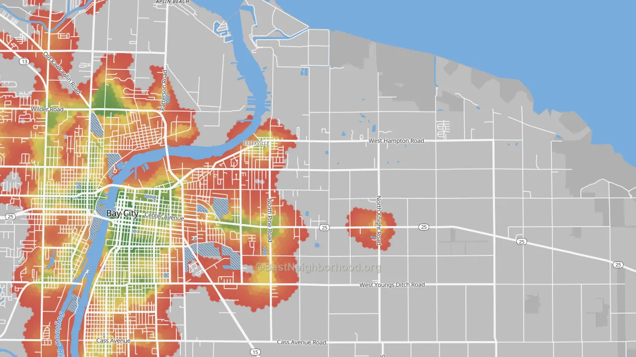 Walk Grade map of 48732, MI, walkable areas in green and car-dependent areas in red