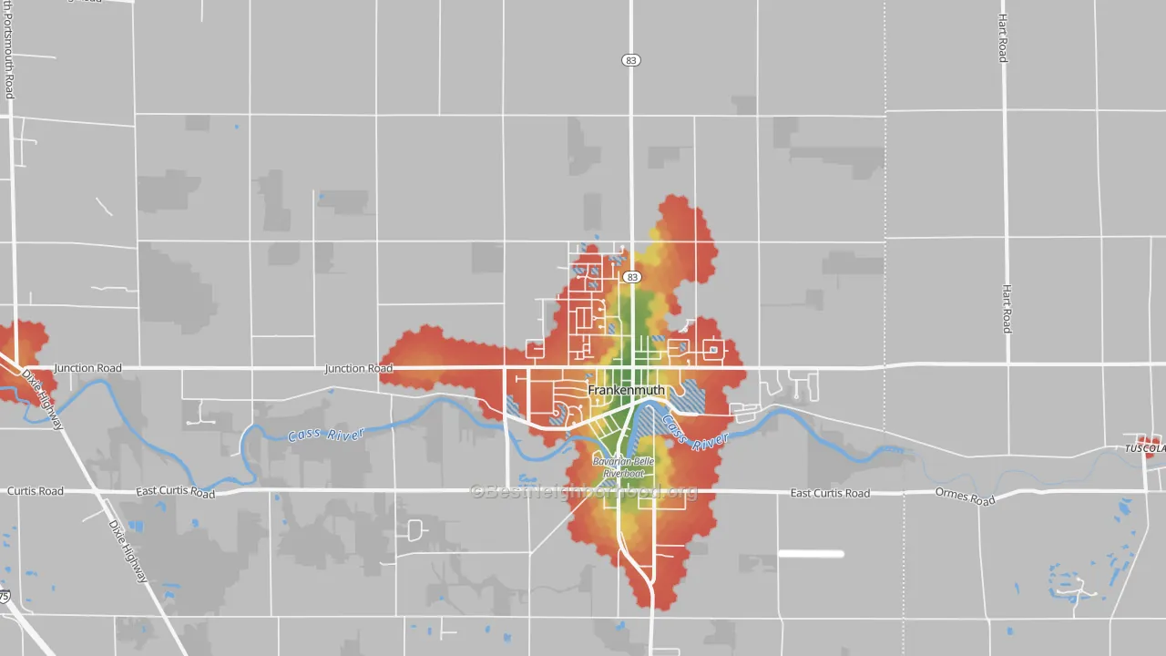 Walk Grade map of 48734, MI, walkable areas in green and car-dependent areas in red