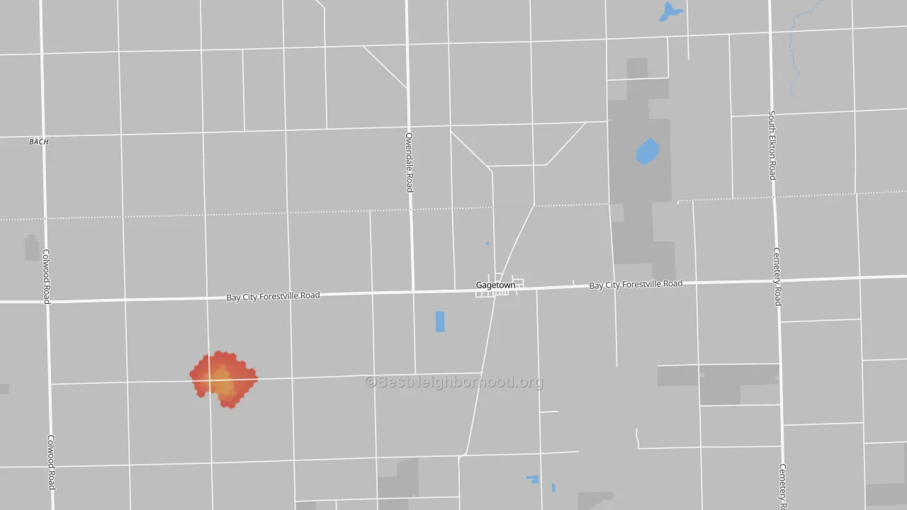 Walk Grade map of 48735, MI, walkable areas in green and car-dependent areas in red