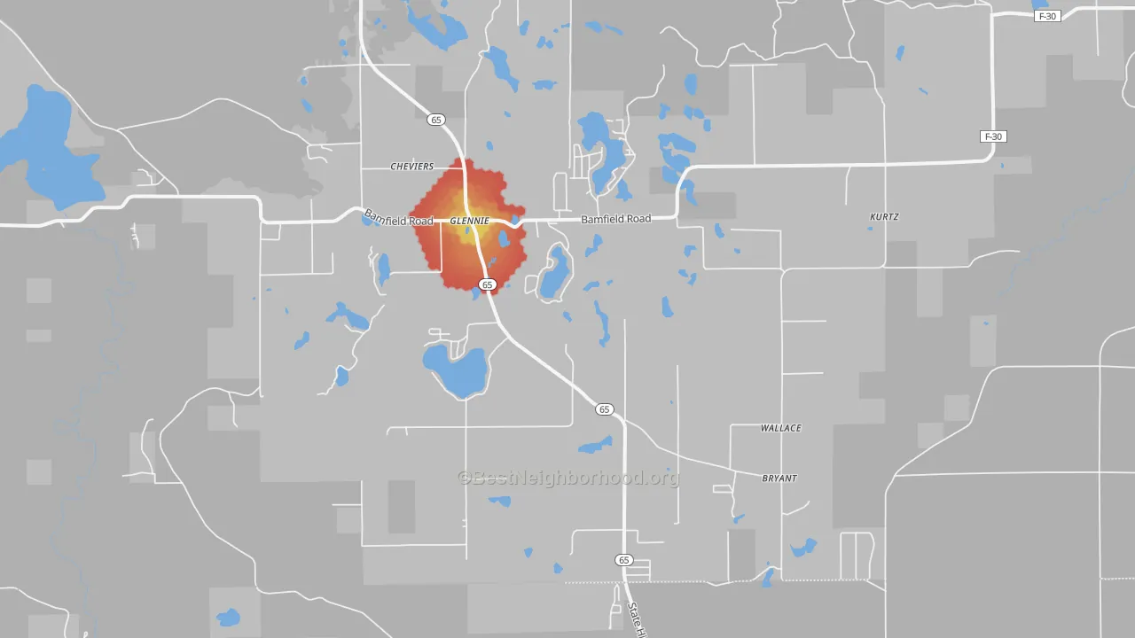 Walk Grade map of 48737, MI, walkable areas in green and car-dependent areas in red