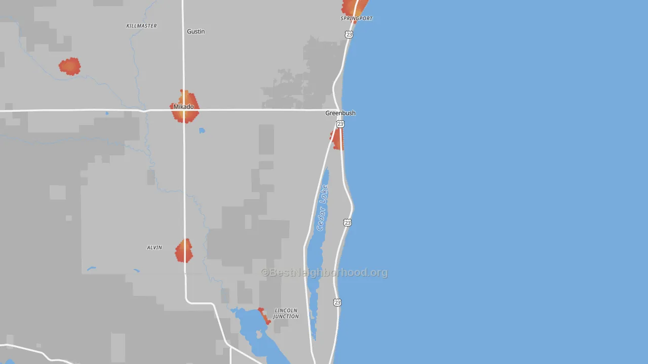 Walk Grade map of 48738, MI, walkable areas in green and car-dependent areas in red
