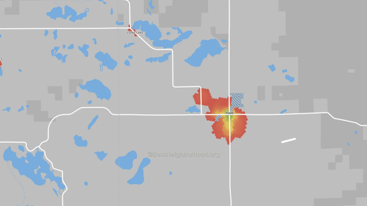 Walk Grade map of 48739, MI, walkable areas in green and car-dependent areas in red