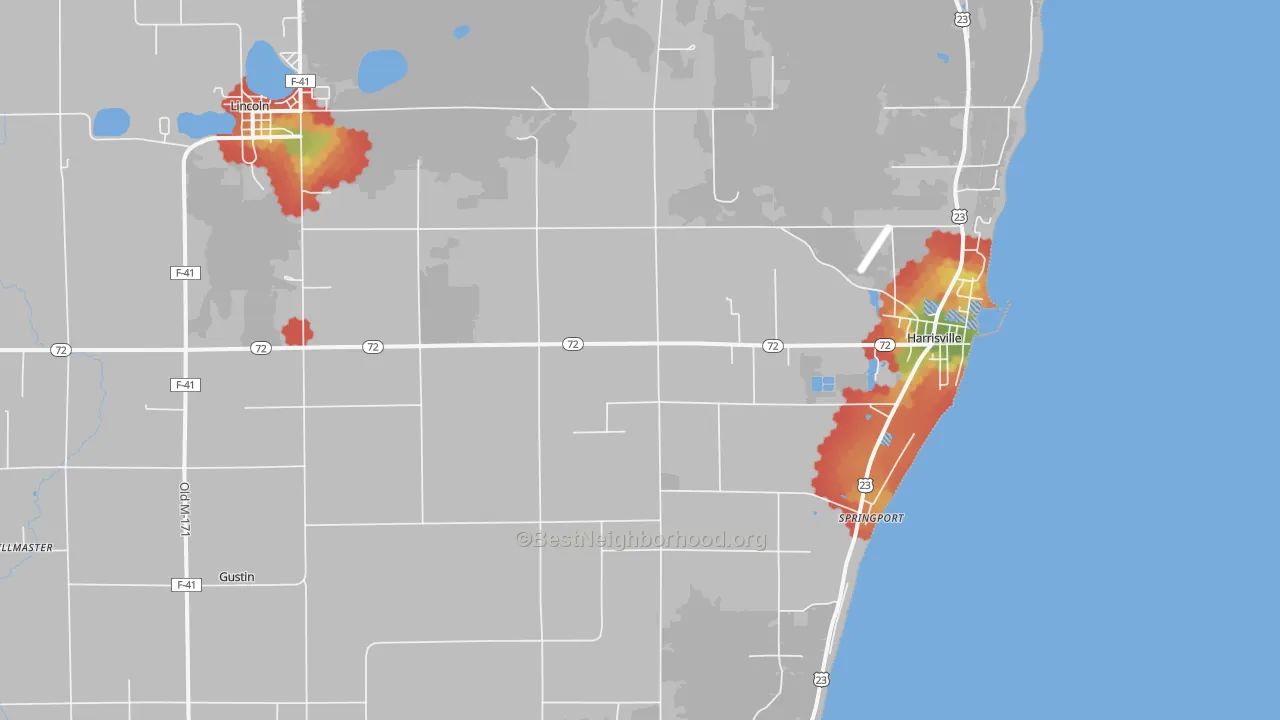 Walk Grade map of 48740, MI, walkable areas in green and car-dependent areas in red
