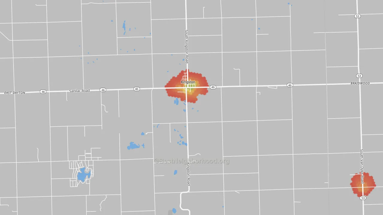 Walk Grade map of 48741, MI, walkable areas in green and car-dependent areas in red