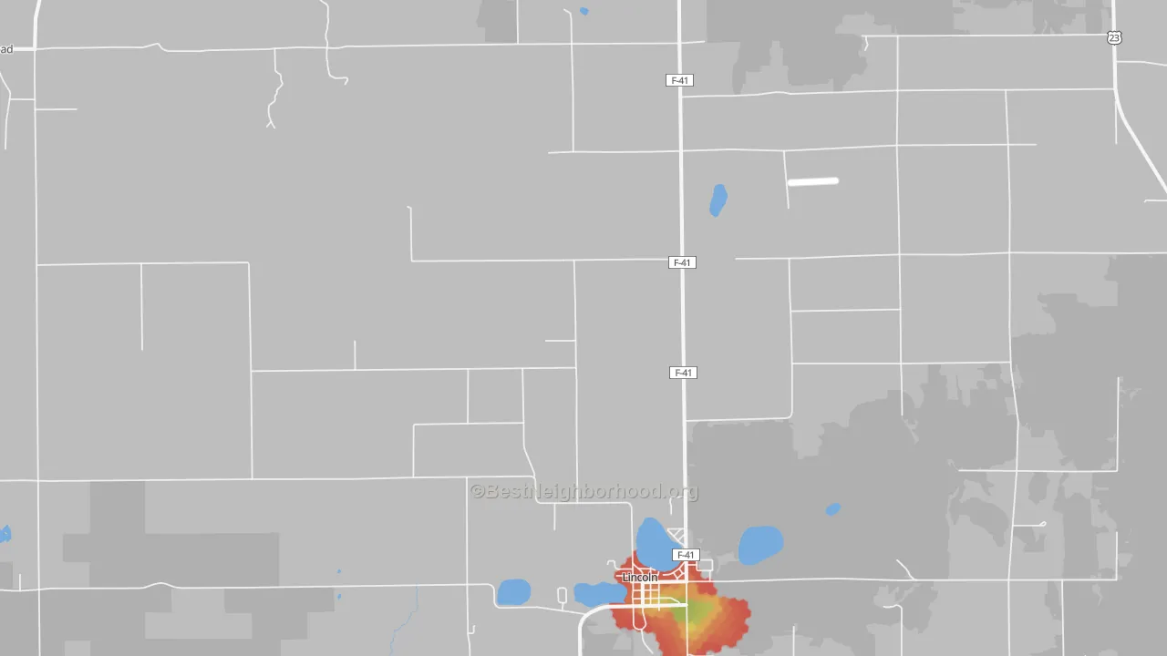 Walk Grade map of 48742, MI, walkable areas in green and car-dependent areas in red