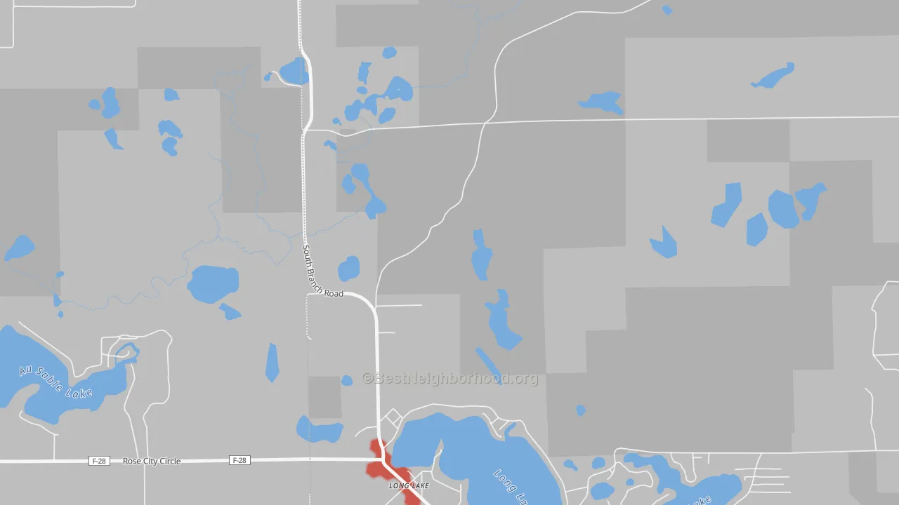 Walk Grade map of 48743, MI, walkable areas in green and car-dependent areas in red