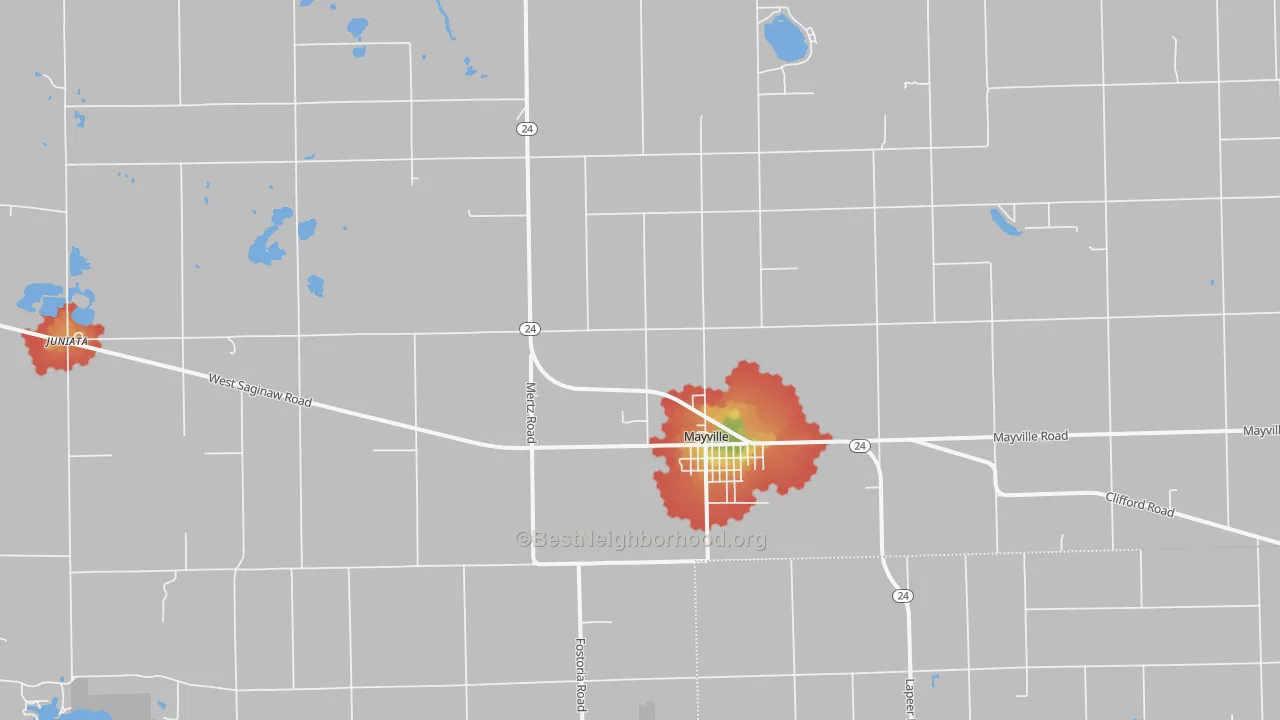 Walk Grade map of 48744, MI, walkable areas in green and car-dependent areas in red