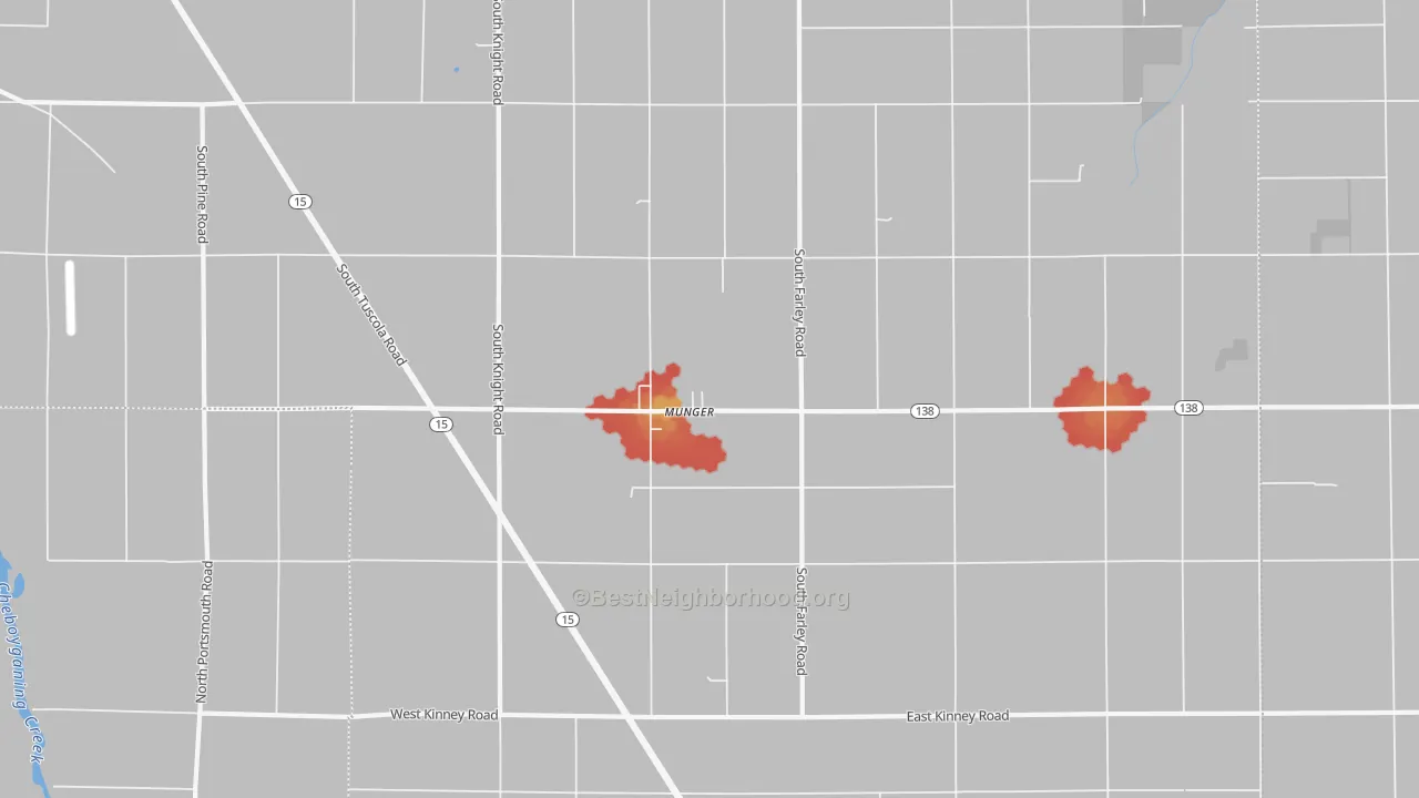 Walk Grade map of 48747, MI, walkable areas in green and car-dependent areas in red